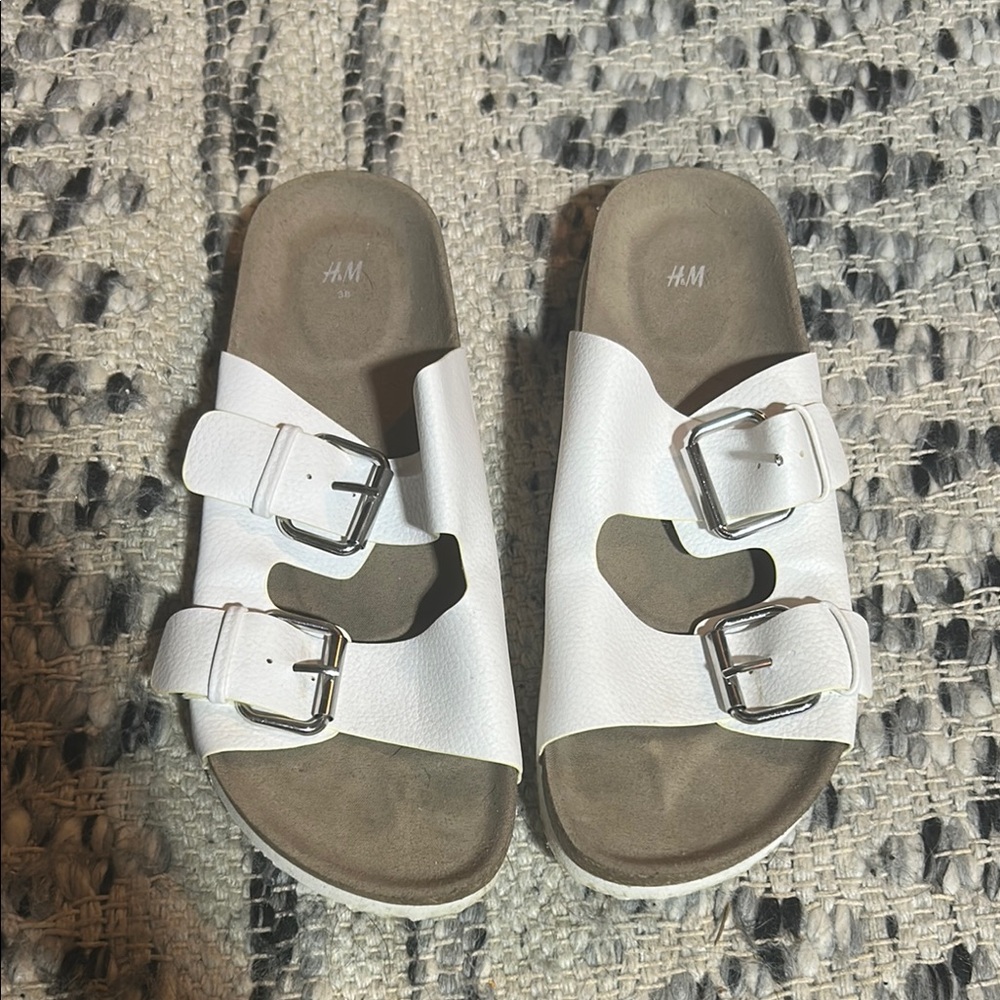H&M White Sandals with Silver Buckles